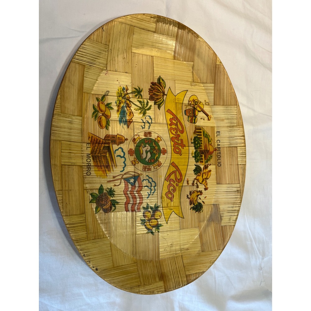 Vintage Puerto Rico Souvenir Woven Bamboo Tray El Morro El Capitolio Tropical